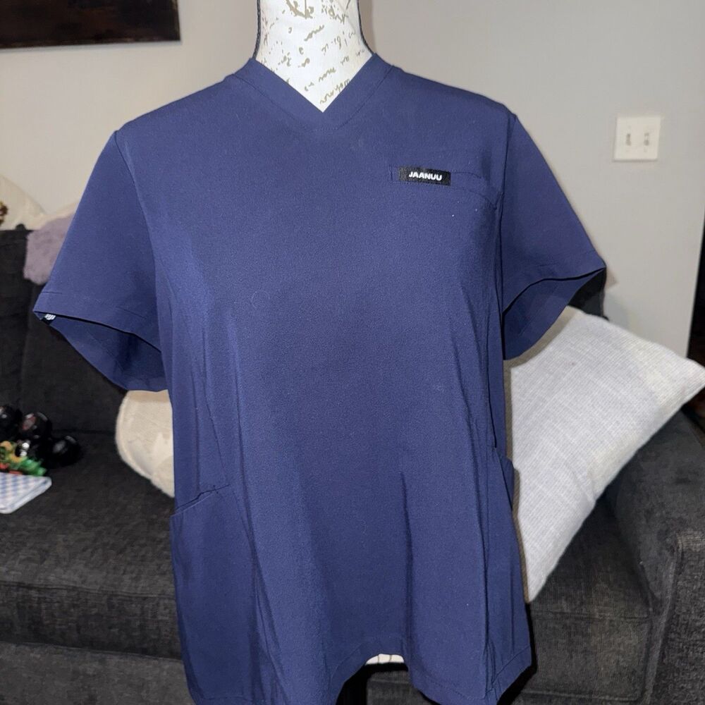 Jaanuu Blue Solid V-Neck Scrub Top w/ Pockets Unisex Size L Medical